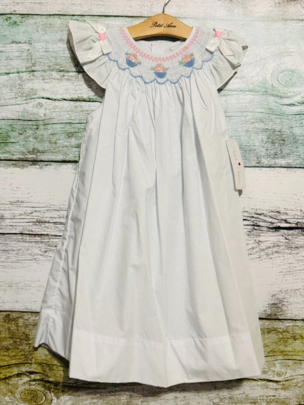 Petit Ami Blue Dot Dress with Smocked Flower Baskets & Ribbon Bows 4T